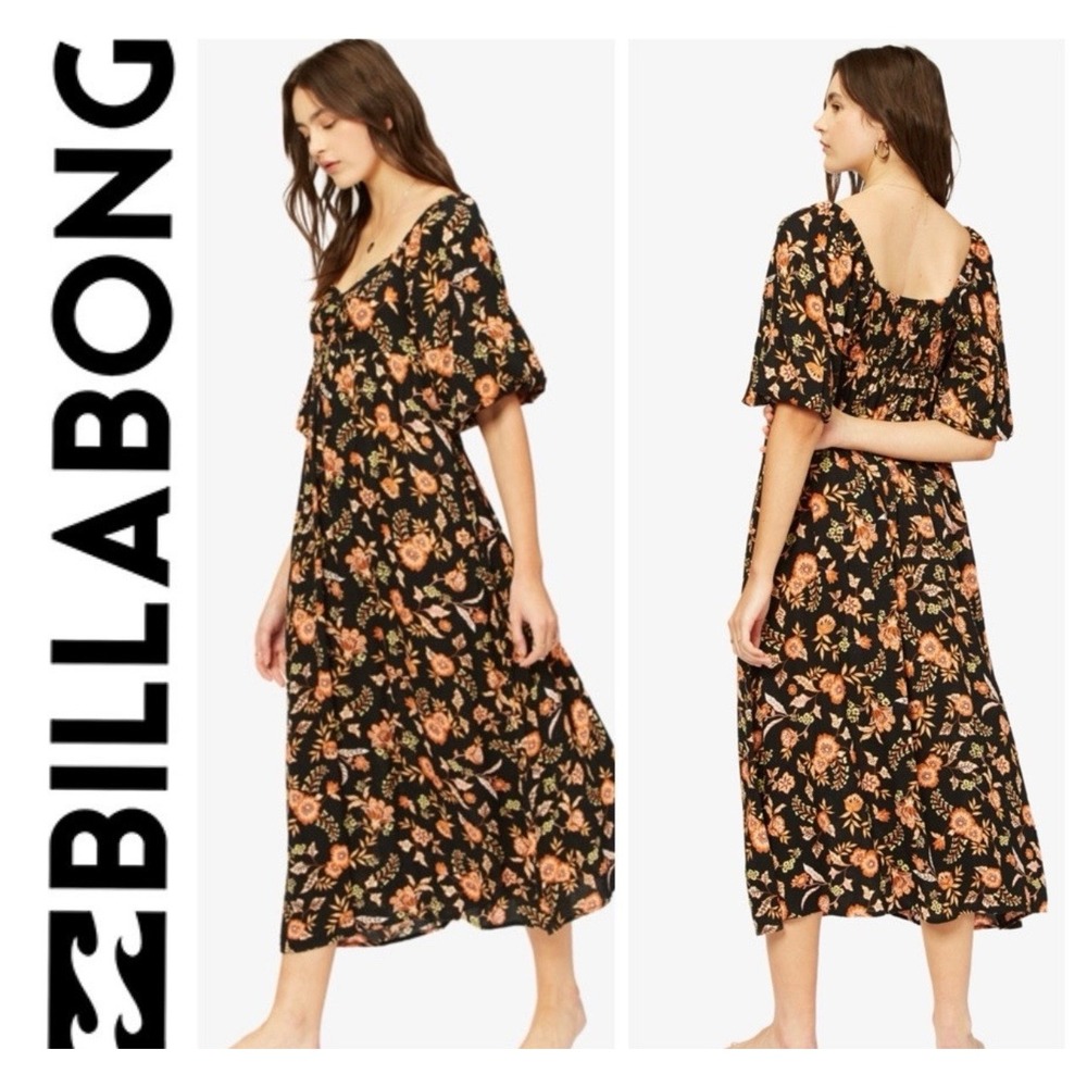 Billabong Womens Black Floral Midi Dress Puff Sleeve Boho Smocked Back XS
